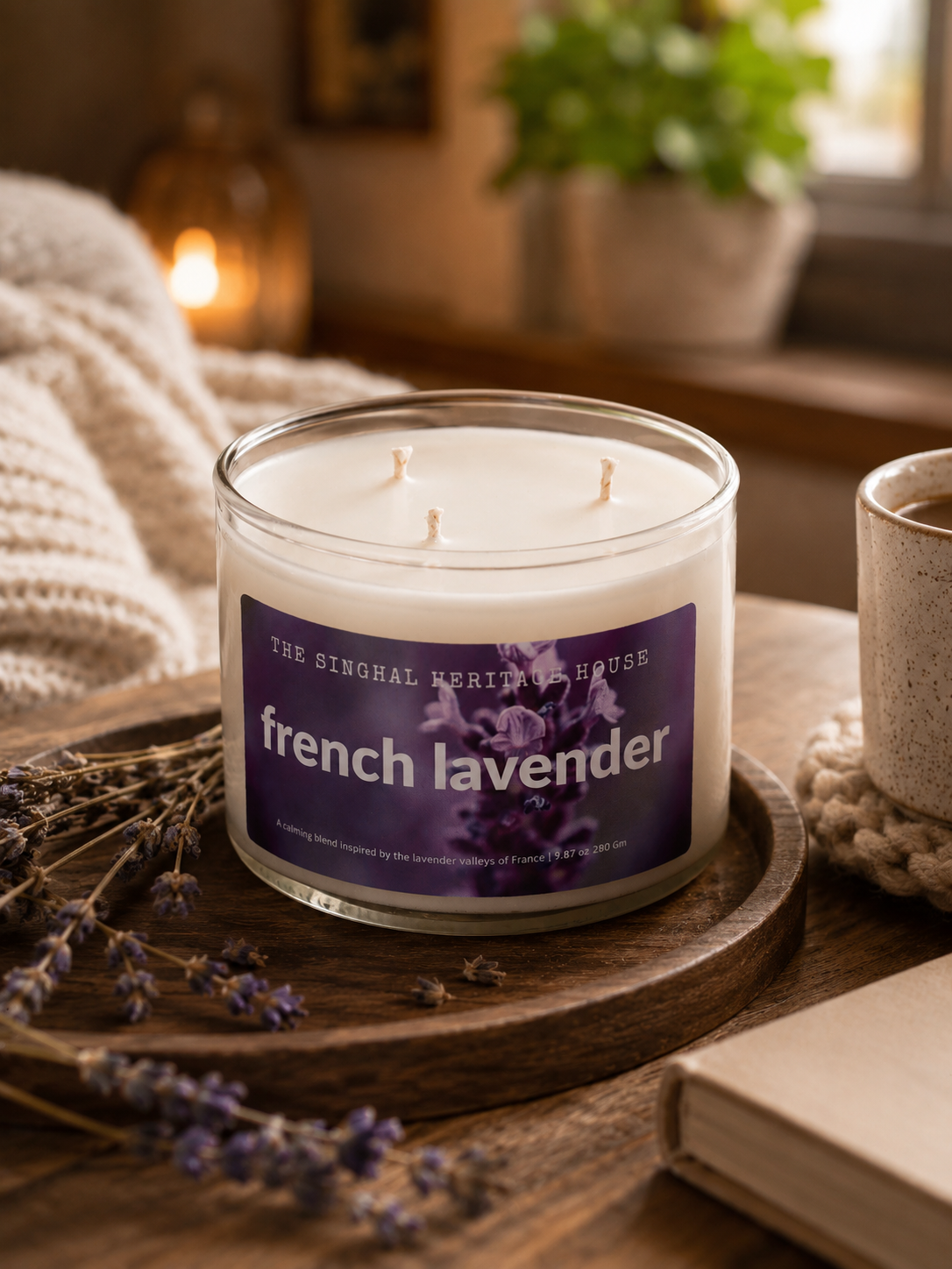 French lavender three-wick candle in a glass jar beside dried lavender