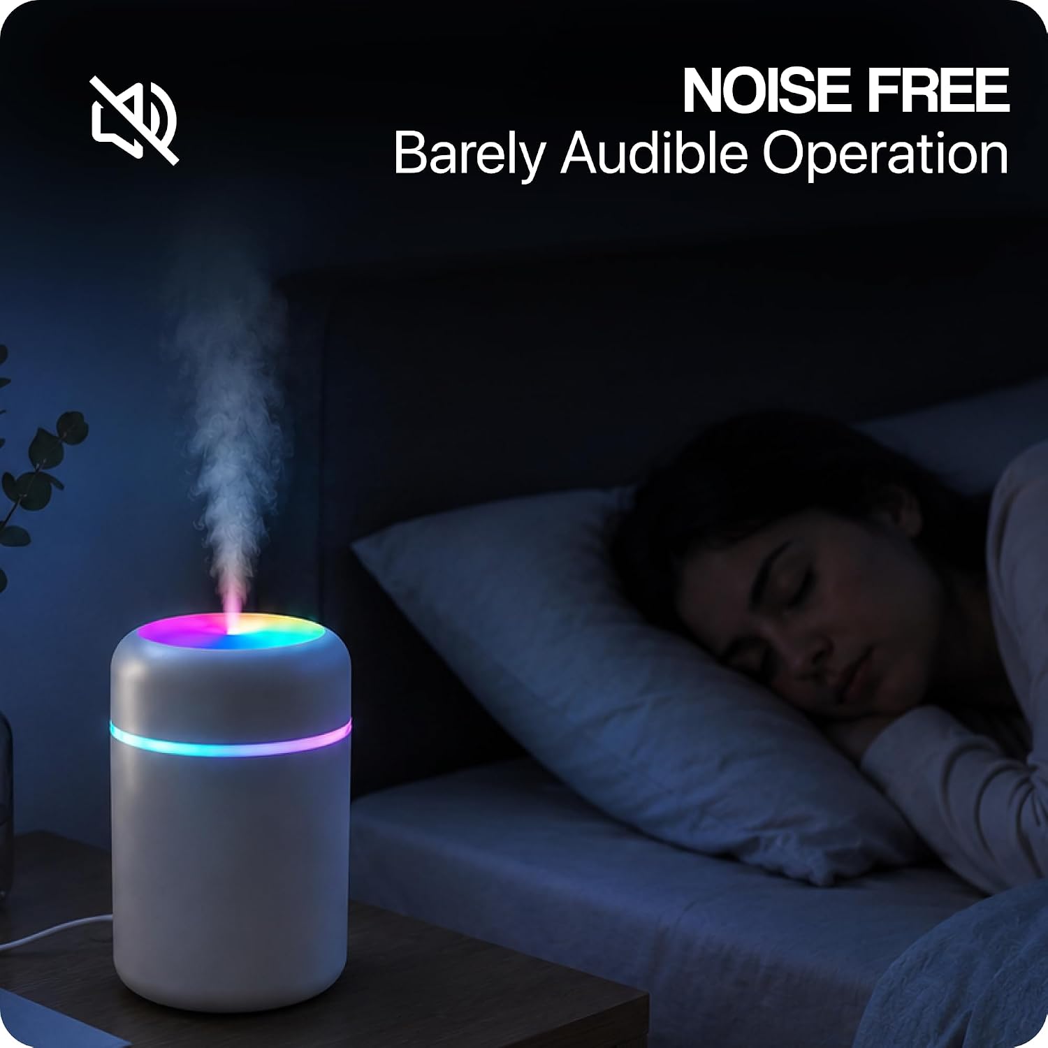 Illuminated ultrasonic diffuser emitting mist beside a sleeping person