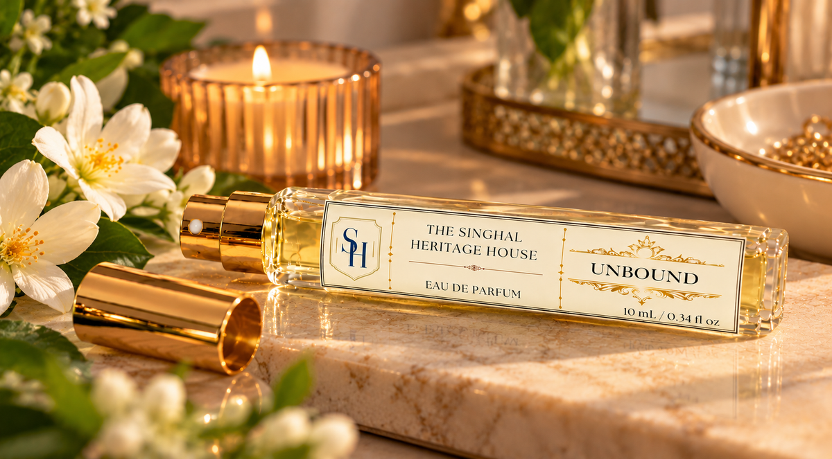 Unbound 10ml Eau de Parfum by The Singhal Heritage House in an elegant floral vanity setting