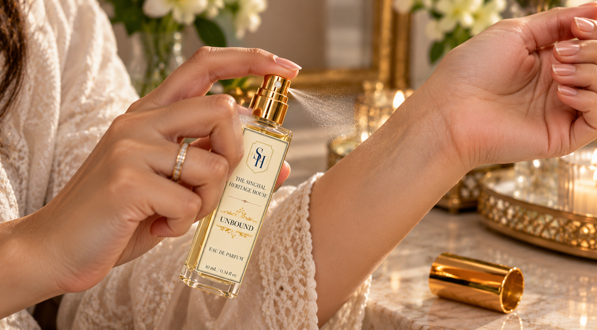 Unbound 10ml Eau de Parfum by The Singhal Heritage House being sprayed on the wrist'