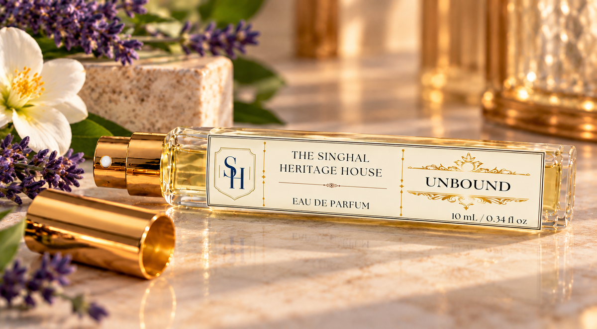 Unbound 10ml Eau de Parfum by The Singhal Heritage House displayed without box in an elegant floral setting.