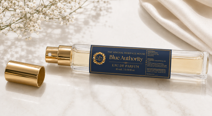 Blue Authority 10 mL Eau de Parfum men's travel spray by The Singhal Heritage House with gold atomizer and cap