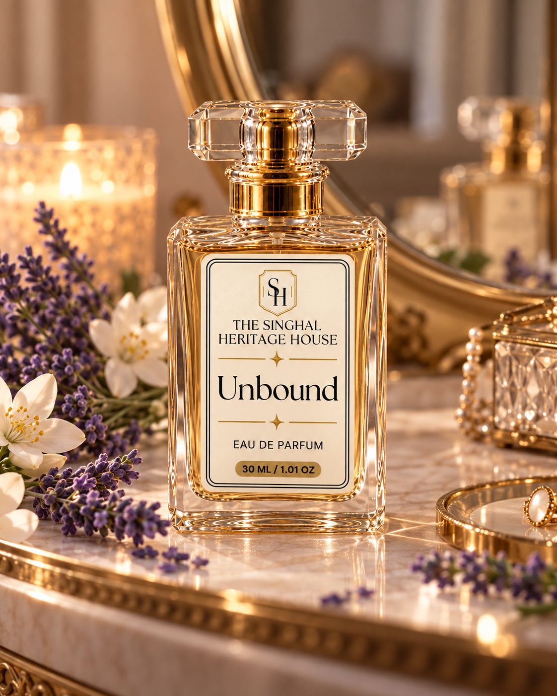 Unbound 30ml Eau de Parfum by The Singhal Heritage House in an elegant floral vanity setting.