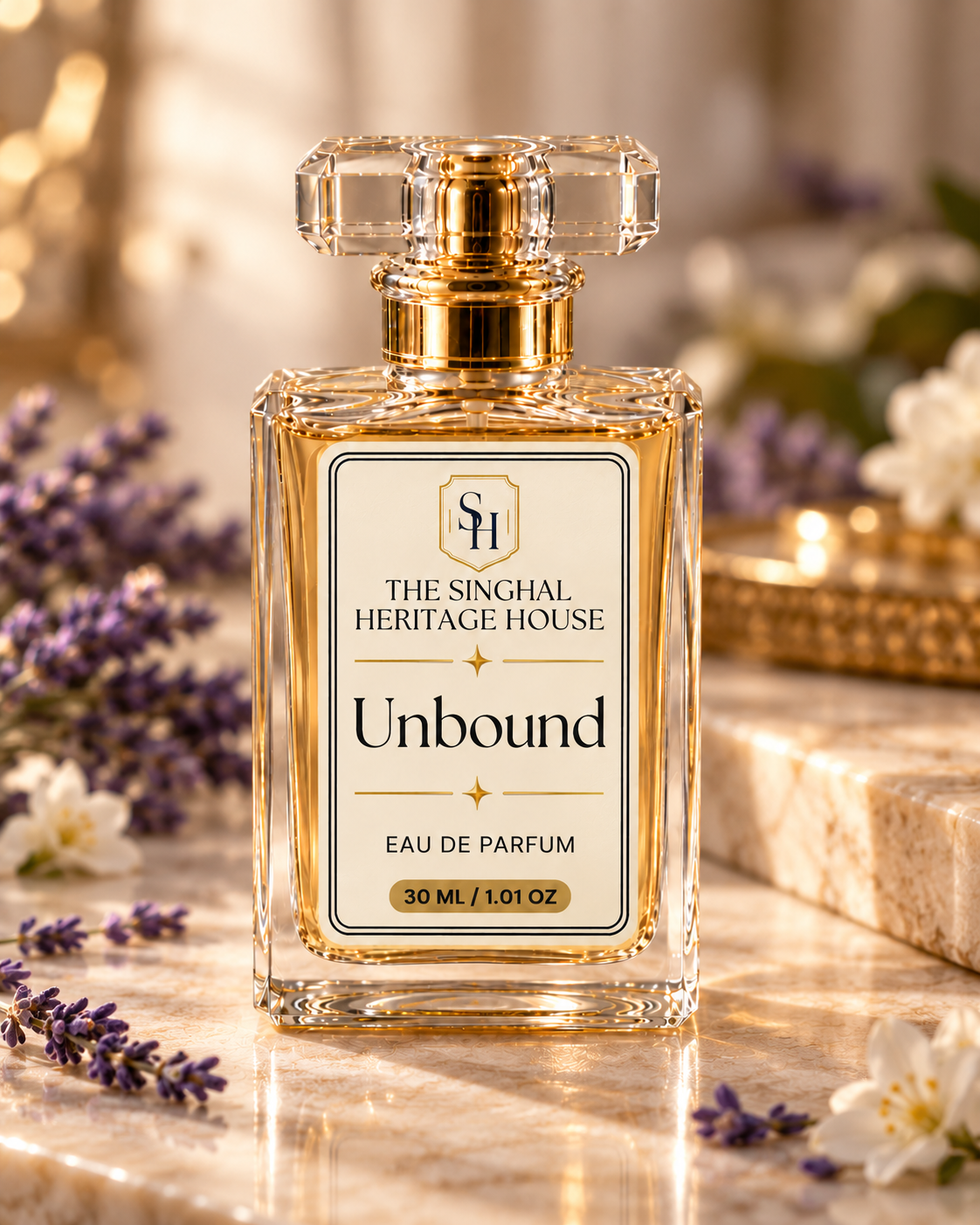 Unbound 30ml Eau de Parfum by The Singhal Heritage House displayed without box in an elegant floral setting.