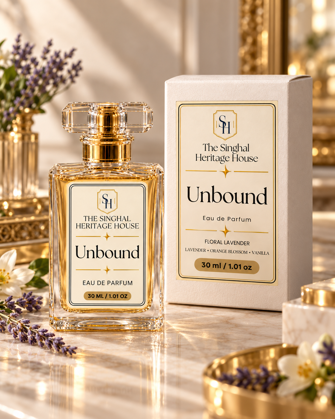 Unbound 30ml Eau de Parfum with box by The Singhal Heritage House in an elegant floral settin