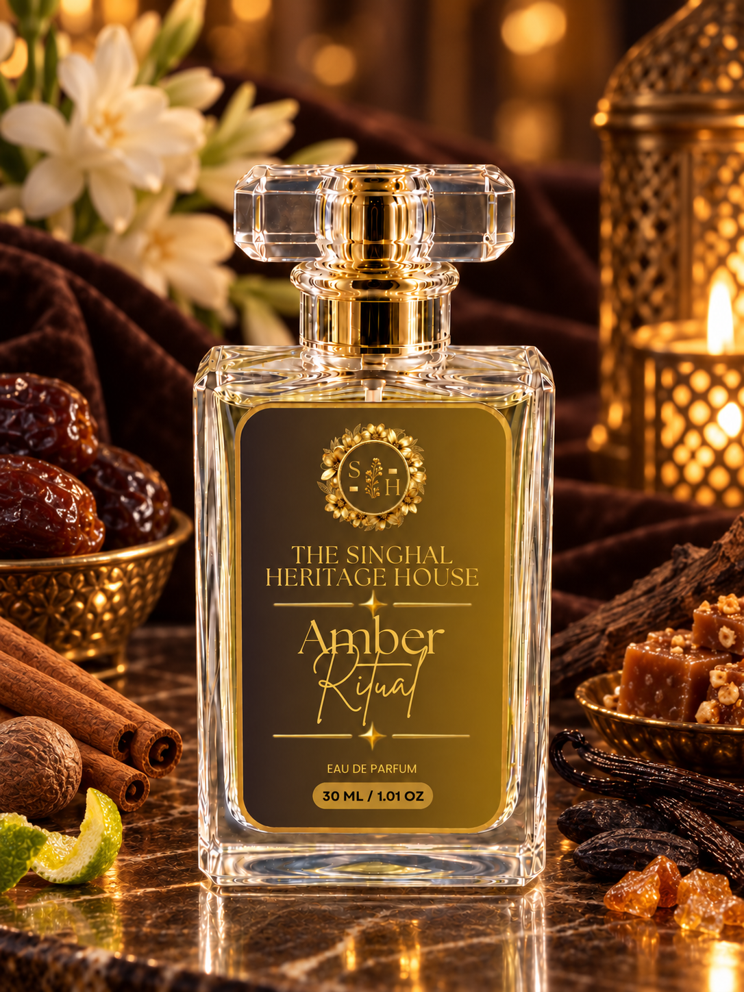 Amber Ritual Eau de Parfum display – warm amber, cinnamon, vanilla and gourmand scent profile