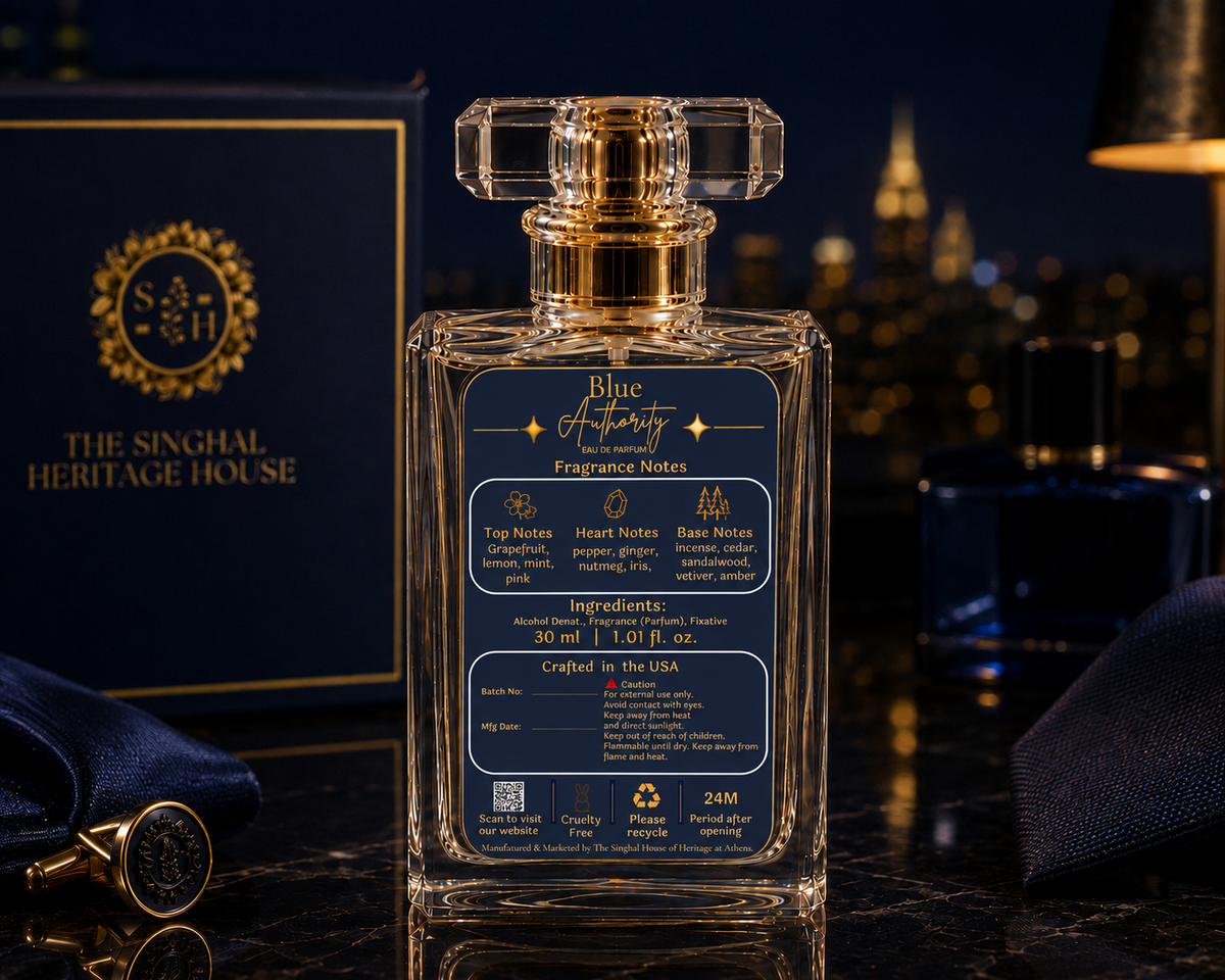 Blue Authority 30 mL Eau de Parfum for men by The Singhal Heritage House showing fragrance notes, ingredients and back label details