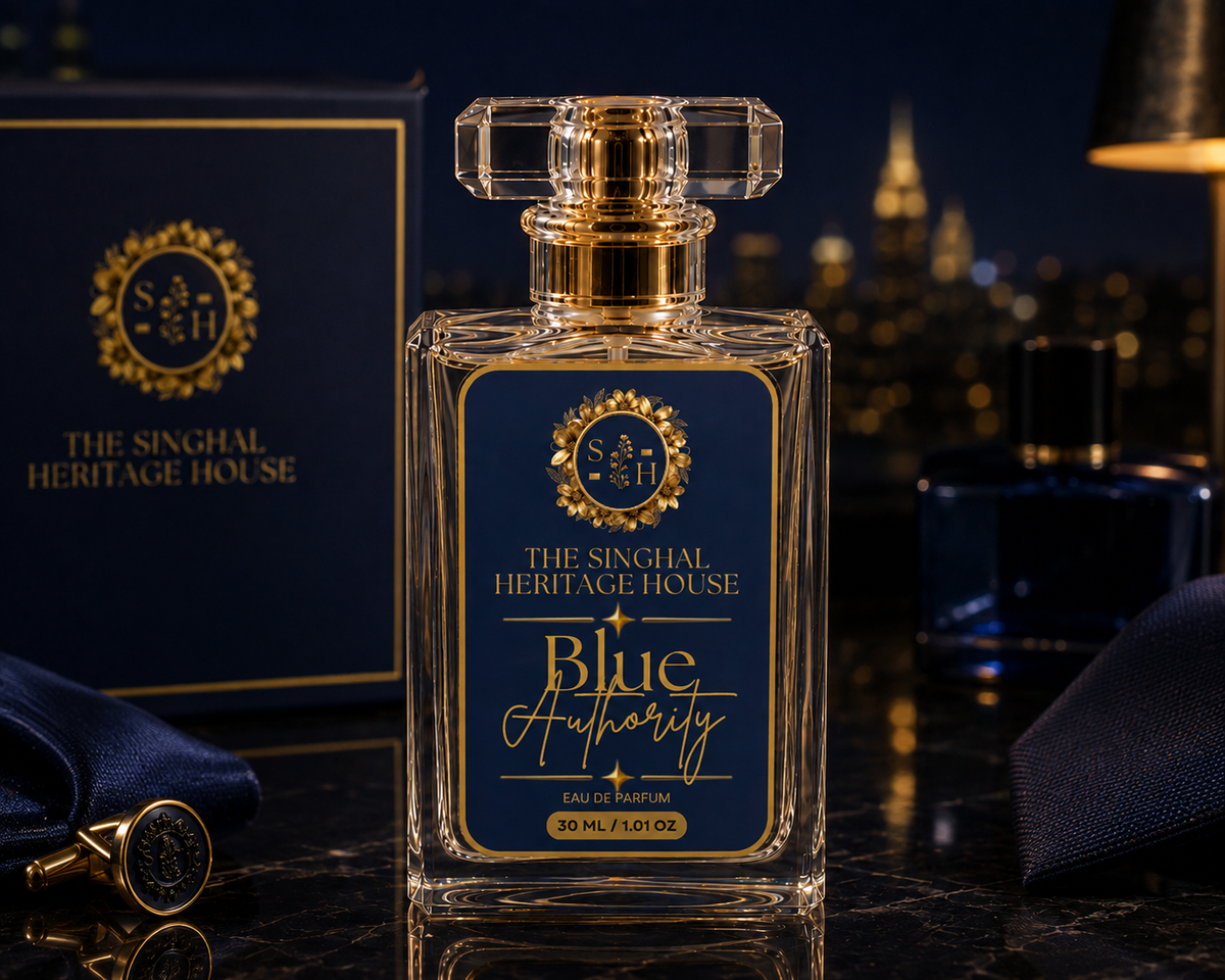 Blue Authority 30 mL Eau de Parfum for men by The Singhal Heritage House, blue and gold fragrance bottle in a luxury evening setting