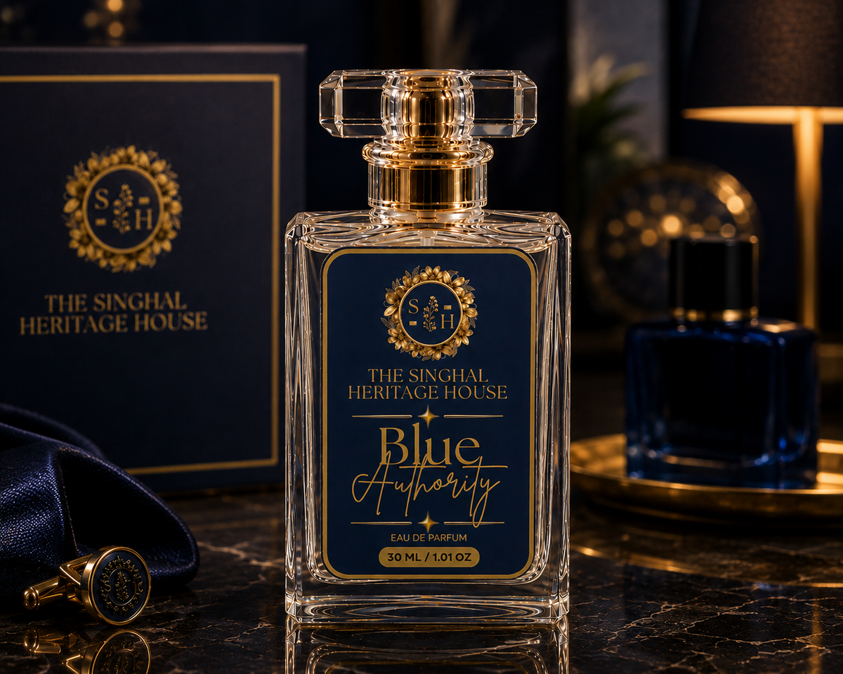 Blue Authority 30 mL Eau de Parfum for men by The Singhal Heritage House with blue and gold label and white luxury packaging