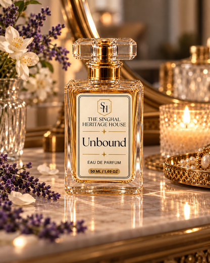Unbound 50ml Eau de Parfum by The Singhal Heritage House in a luxurious floral vanity setting.