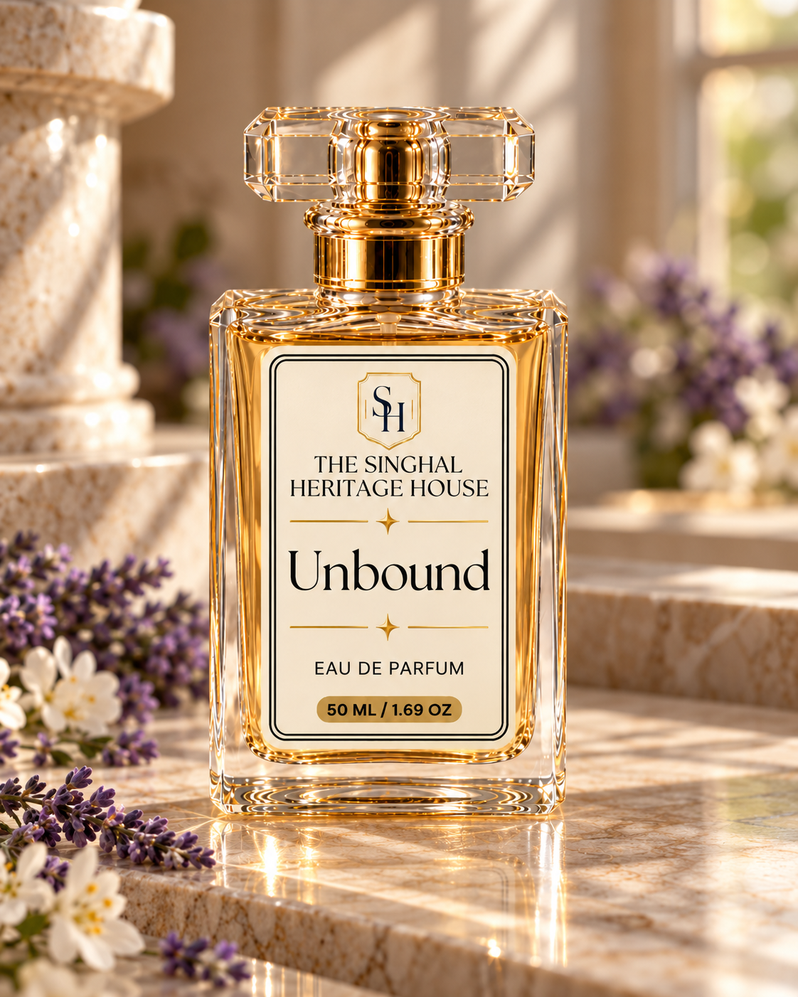 Unbound 50ml Eau de Parfum by The Singhal Heritage House displayed without box in an elegant floral setting.