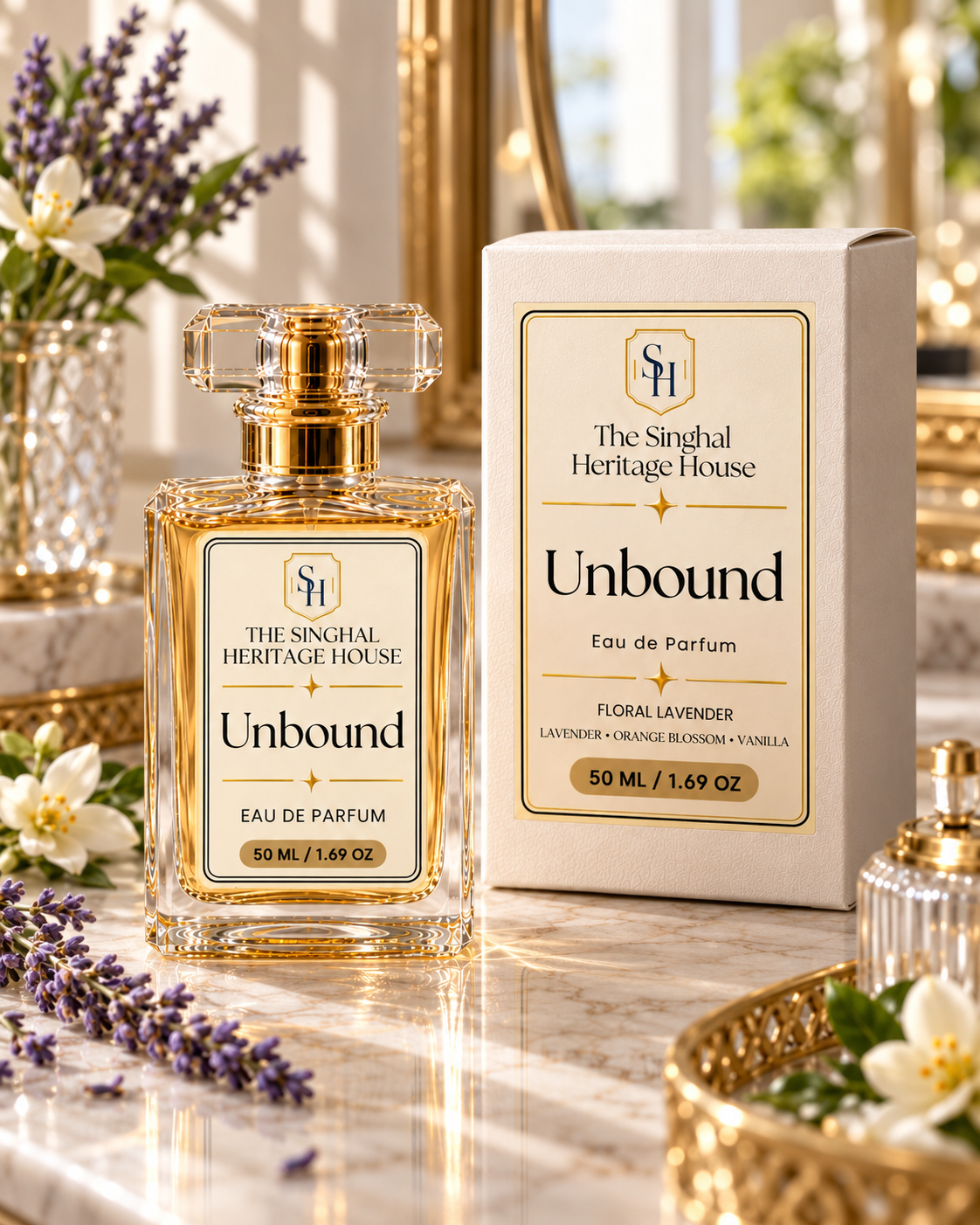 Unbound 50ml Eau de Parfum with box by The Singhal Heritage House in an elegant floral vanity setting.