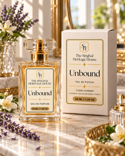 Unbound 50ml Eau de Parfum with box by The Singhal Heritage House in an elegant floral vanity setting.