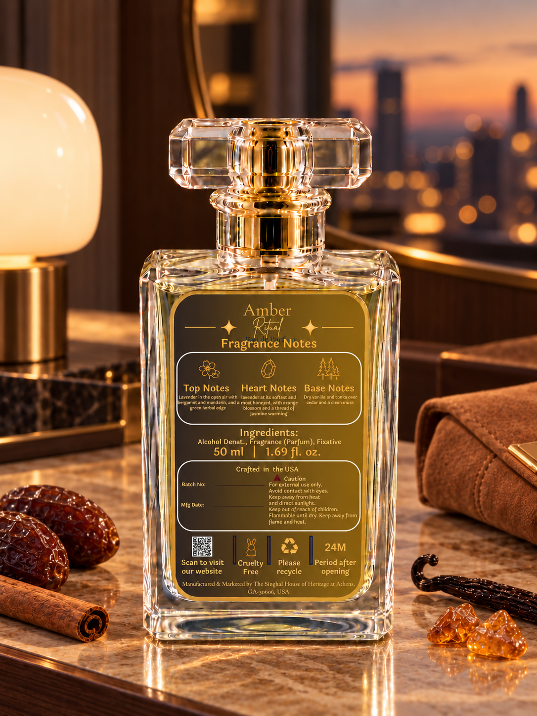 Amber Ritual Eau de Parfum lifestyle image – dates cinnamon praline and vanilla notes