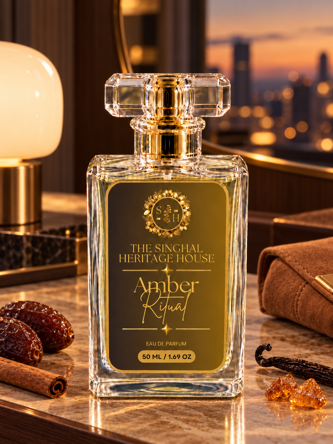 Amber Ritual perfume bottle close-up – 20% concentration Eau de Parfum