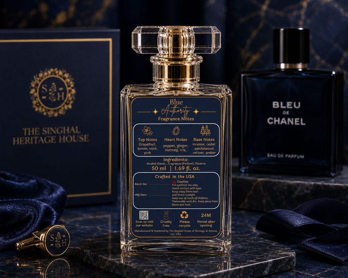 Blue Authority 30 mL Eau de Parfum for men by The Singhal Heritage House showing fragrance notes, ingredients and product information