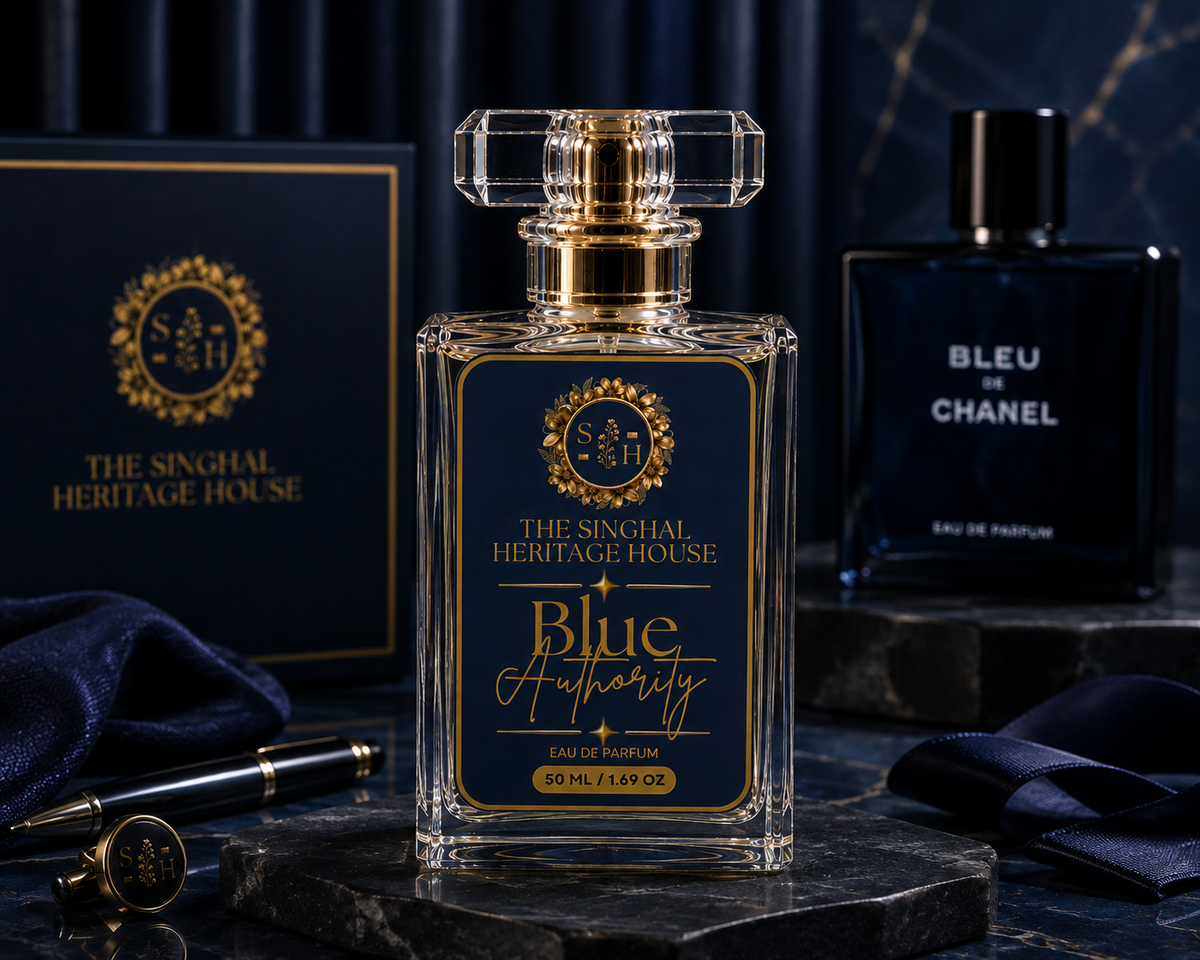 Blue Authority Eau de Parfum for men by The Singhal Heritage House with blue and gold bottle and luxury fragrance display
