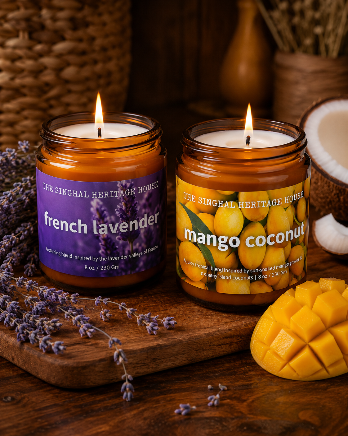 Lit French Lavender and Mango Coconut candles in amber glass jars beside lavender, coconut and mango