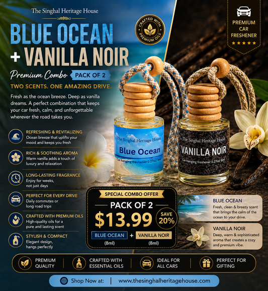 Blue Ocean and Vanilla Noir car hanging freshener duo with two 8 ml bottles, wooden diffuser caps and hanging cords