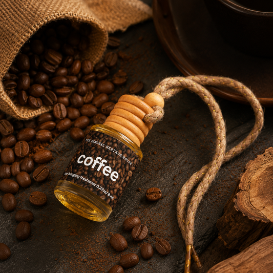 Coffee hanging car freshener bottle with braided cord beside scattered coffee beans