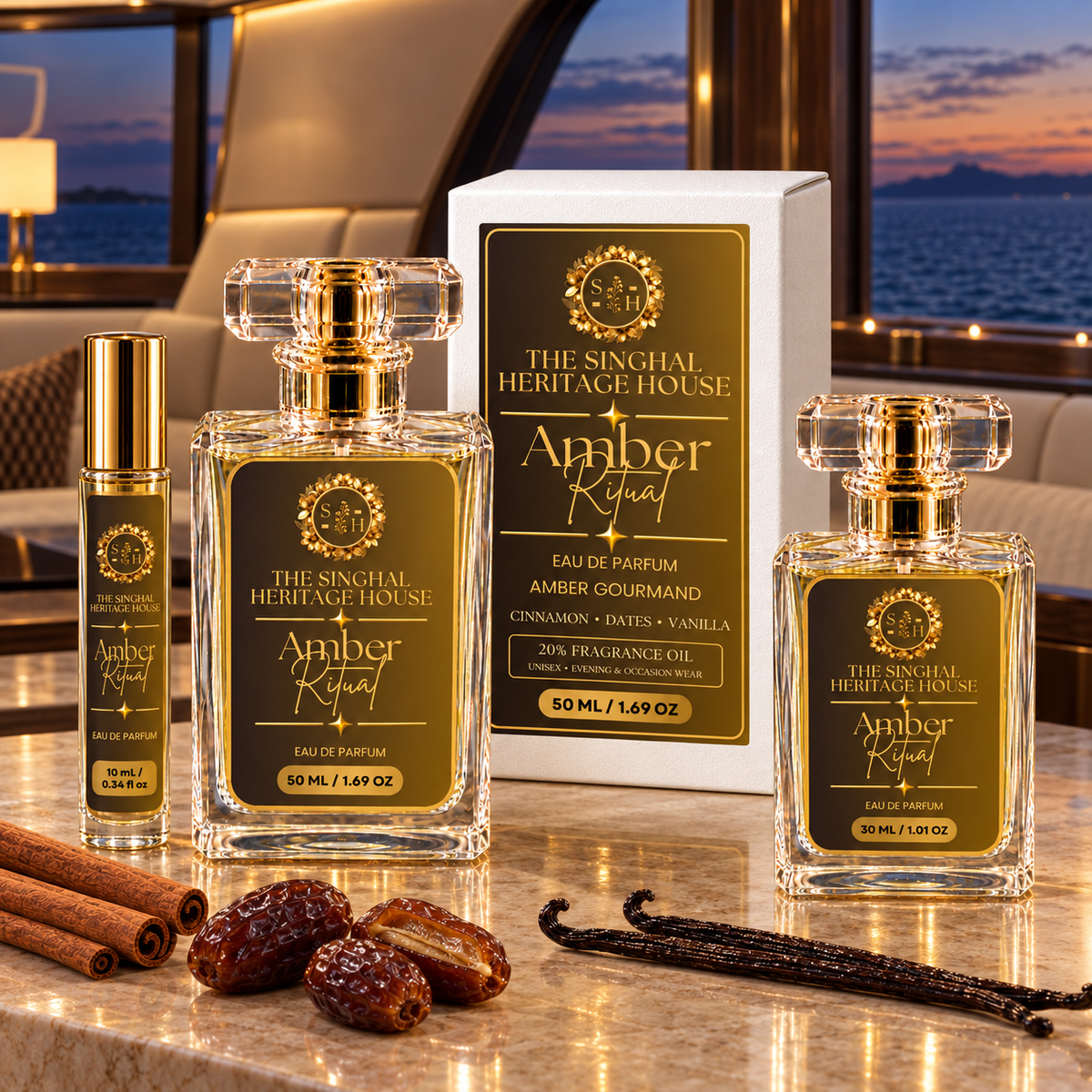 Amber Ritual perfume collection image – 10 ml 30 ml and 50 ml sizes