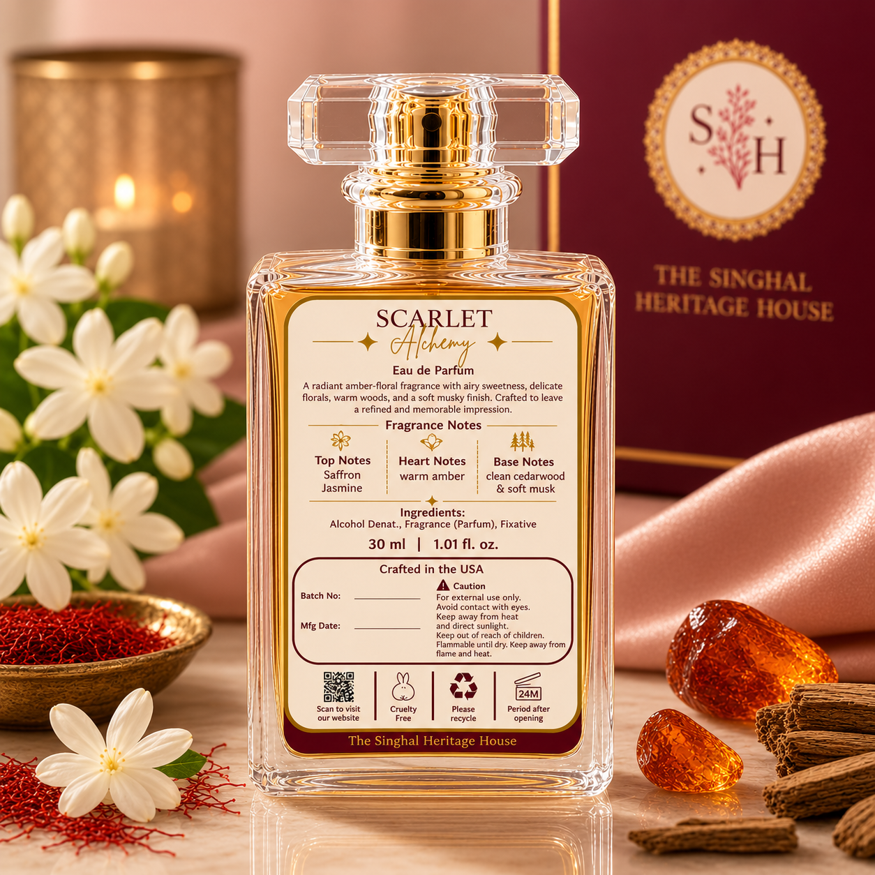 Scarlet Alchemy Eau de Parfum 30 ml bottle with back label, fragrance notes and product details