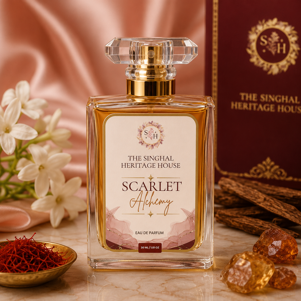Scarlet Alchemy Eau de Parfum 30 ml bottle with back label, fragrance notes and product details