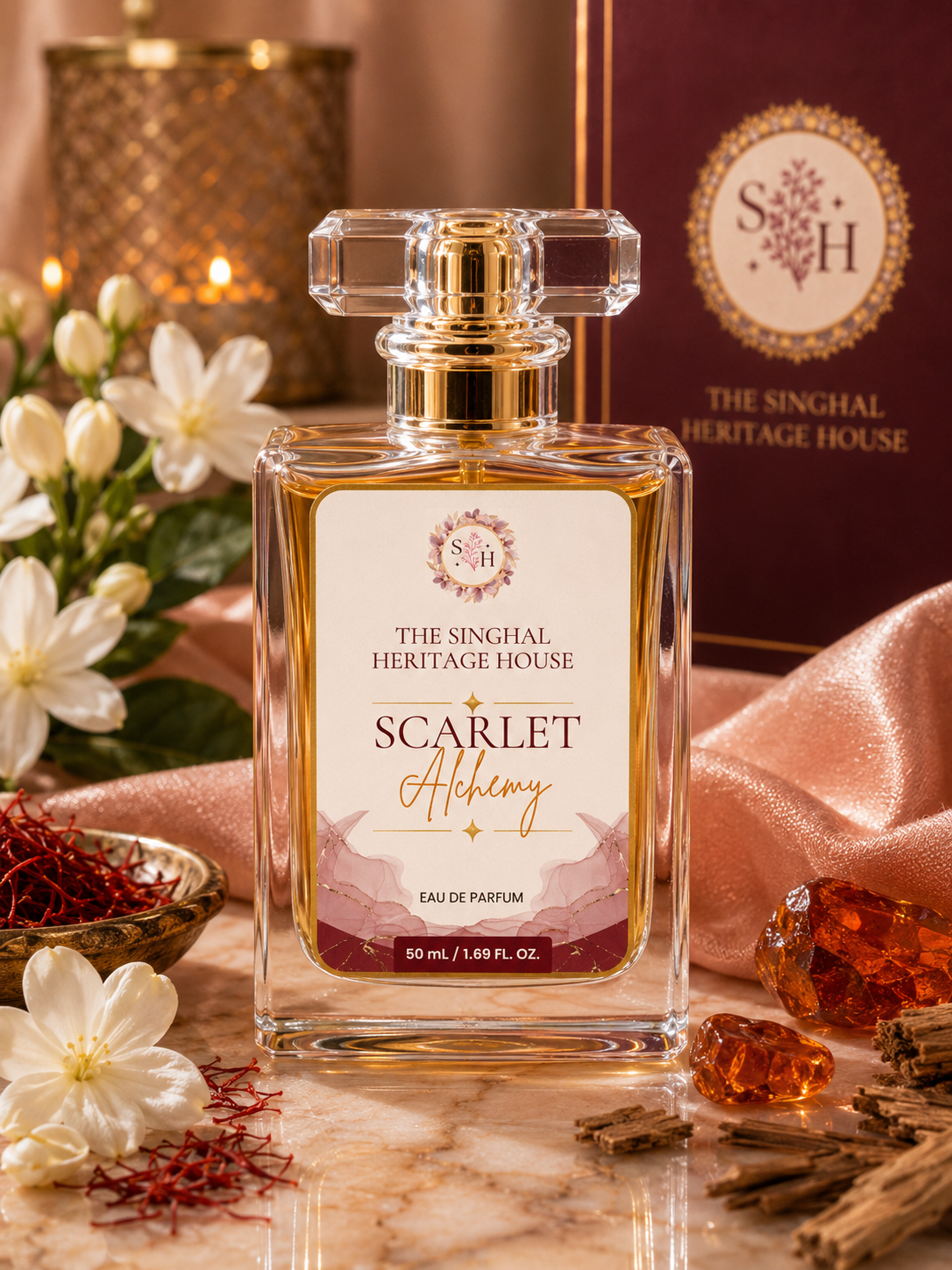 Scarlet Alchemy Eau de Parfum 50 ml bottle with back label, fragrance notes and product details