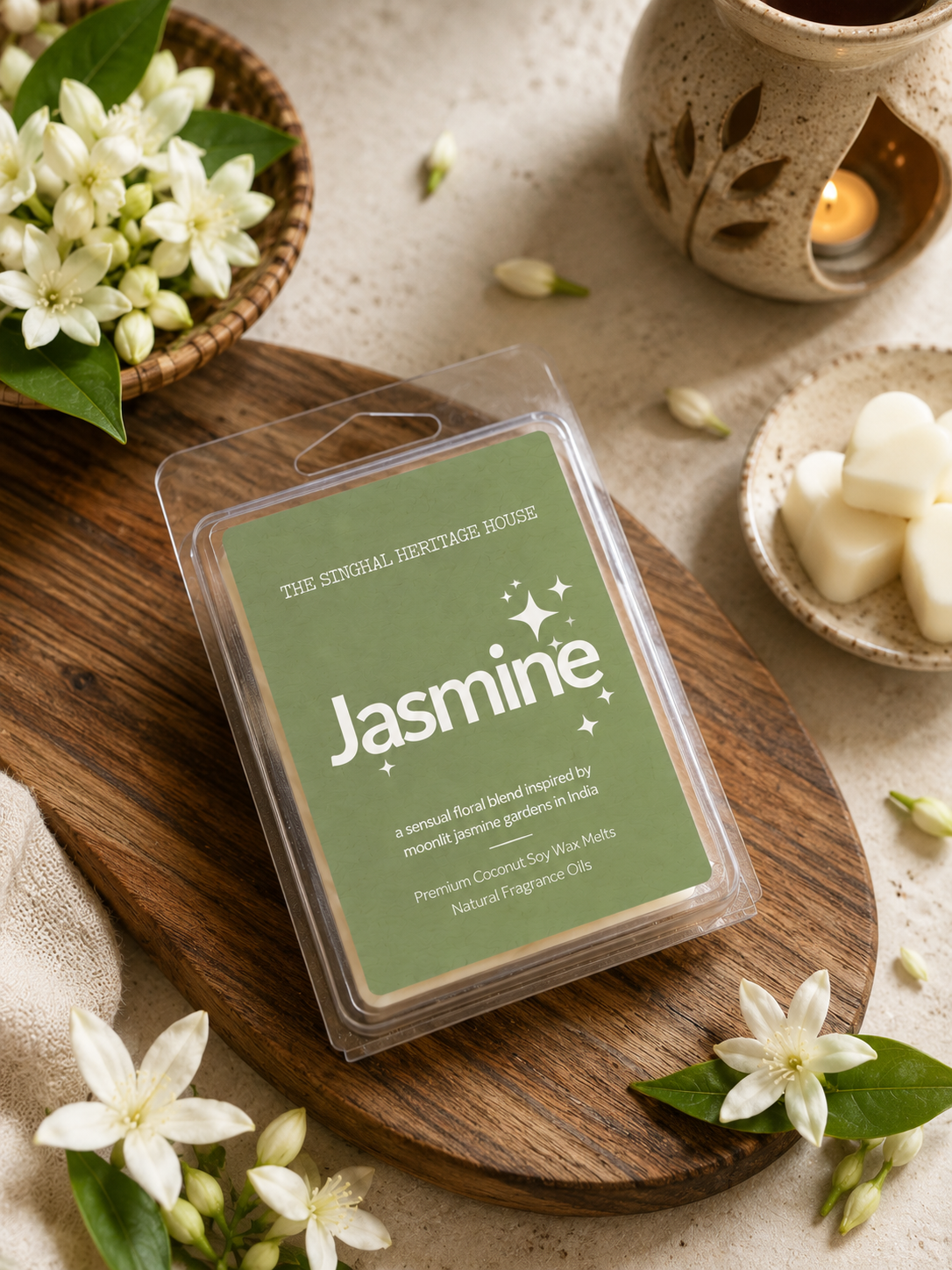 The Singhal Heritage House Jasmine wax melts clamshell beside white jasmine flowers and a lit wax warmer