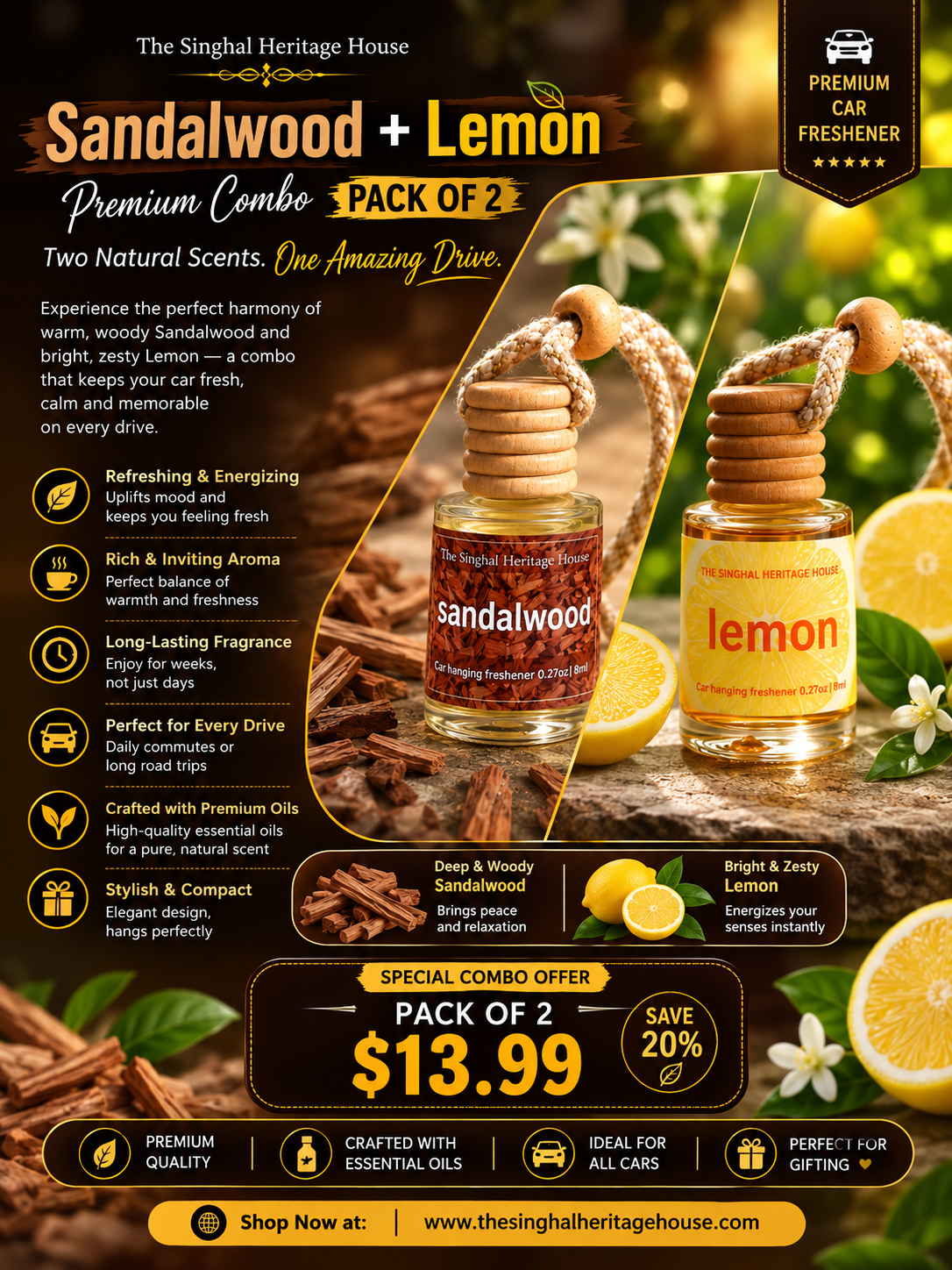 Lemon and Sandalwood car hanging freshener duo in glass bottles with wooden diffuser caps