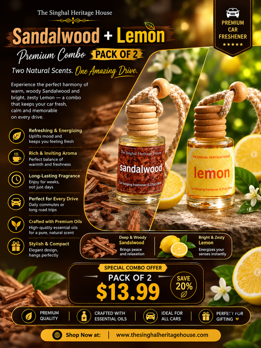 Lemon and Sandalwood car hanging freshener duo in glass bottles with wooden diffuser caps