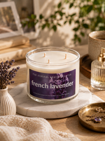 French lavender three-wick candle in a glass jar