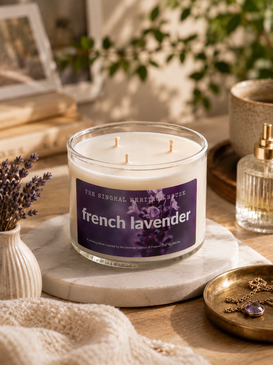 French lavender three-wick candle in a glass jar