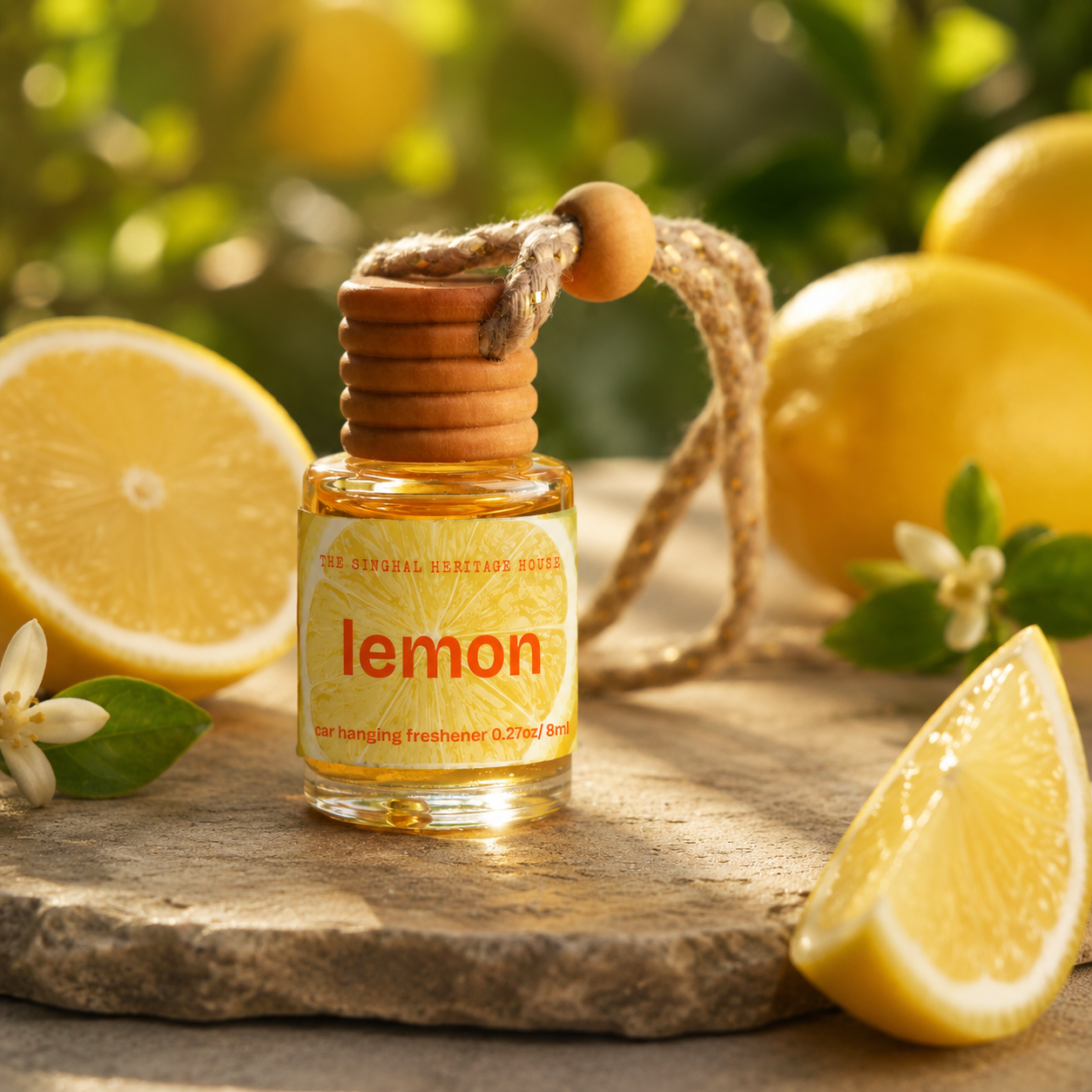 The Singhal Heritage House lemon car hanging freshener bottle with cord displayed among fresh lemons