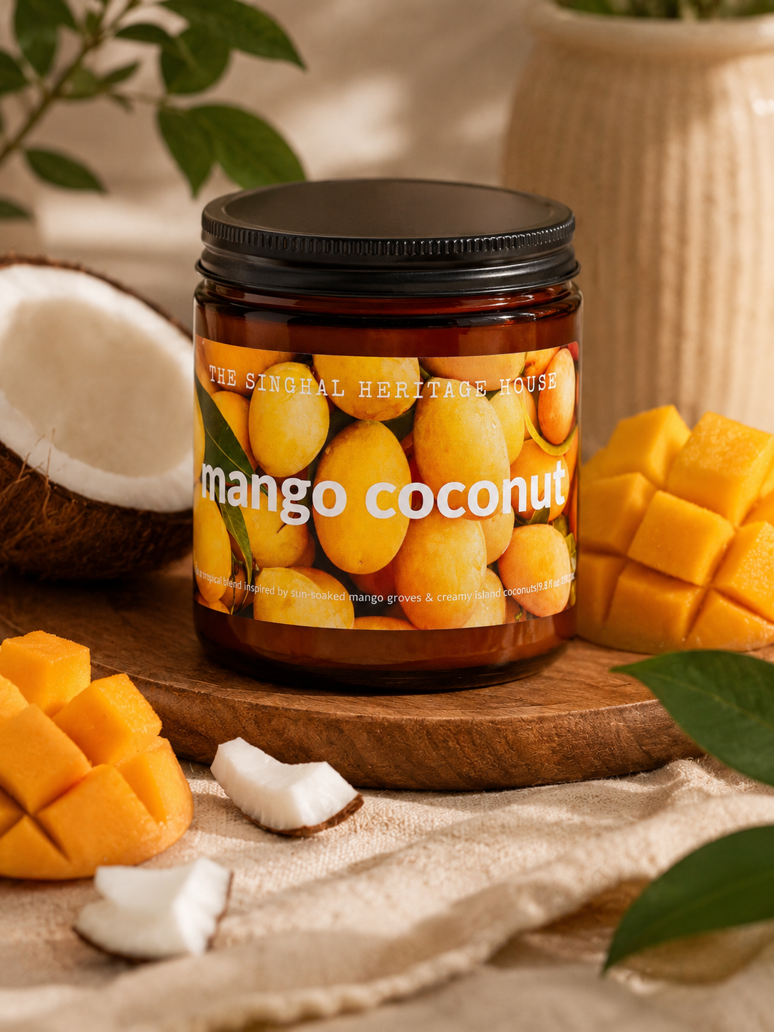 Mango Coconut Amber scented candle in an 8 oz glass jar