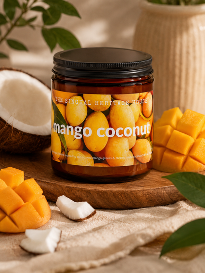 Mango Coconut Amber scented candle in an 8 oz glass jar