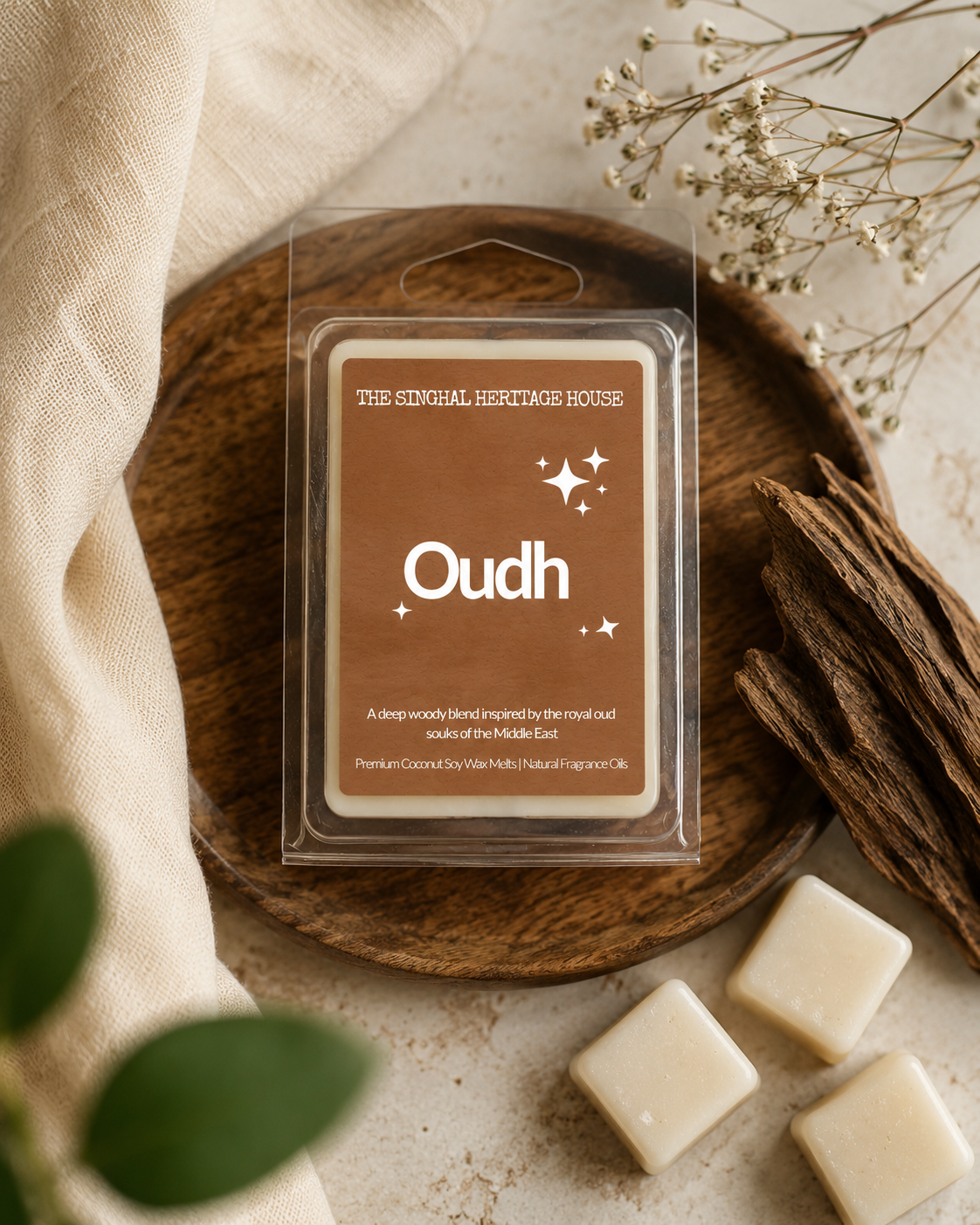 The Singhal Heritage House Oudh wax melts in a clear clamshell on a wooden tray with three individual wax cubes beside it