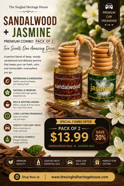 Sandalwood and Jasmine hanging car freshener bottles with wooden diffuser caps and cords