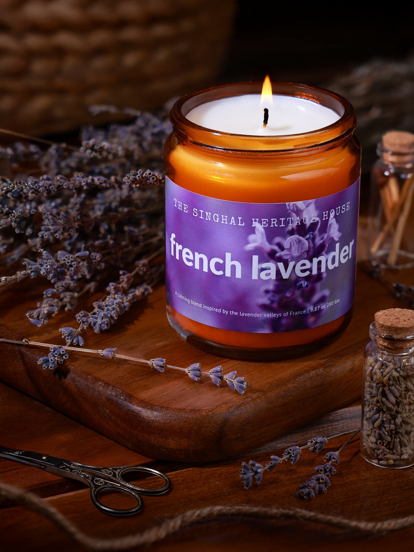 French Lavender Amber scented candle in an 8 oz glass jar