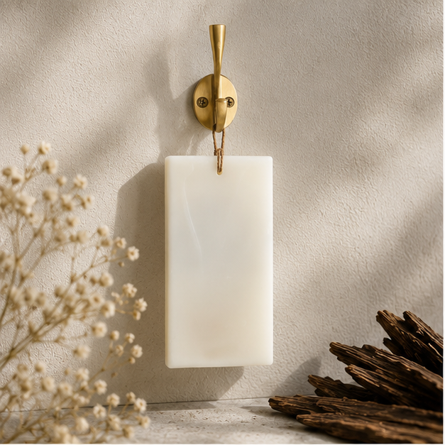 Rectangular sandalwood wax sachet hanging from a gold-tone wall hook