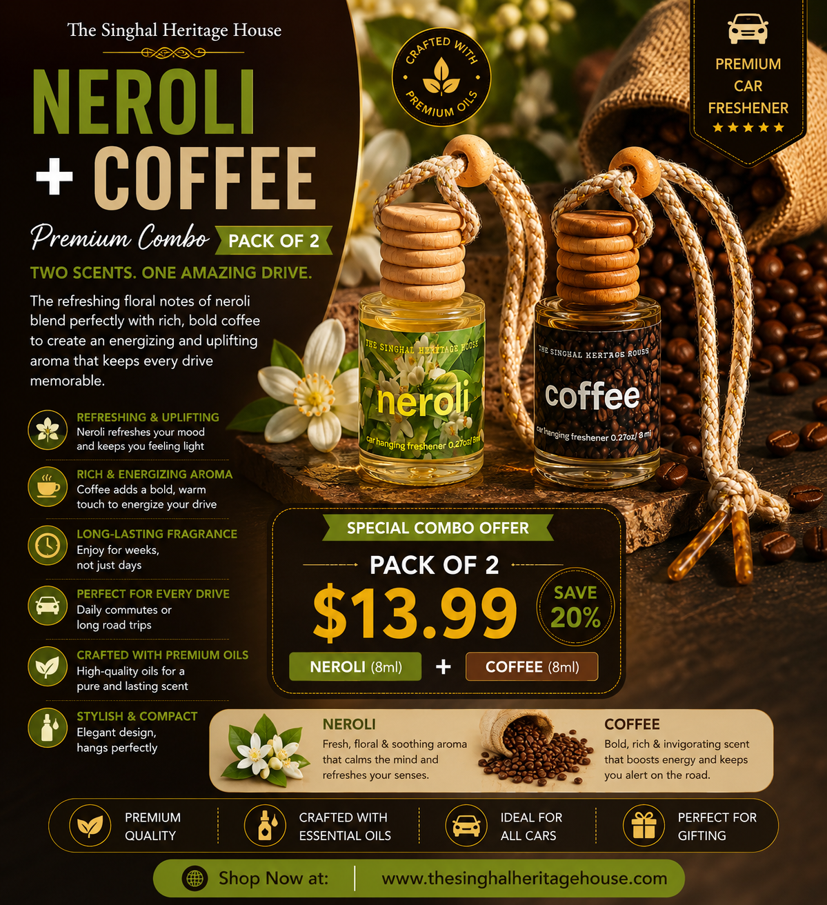 Neroli and Coffee car hanging freshener duo in two 8 ml glass bottles with wooden diffuser caps