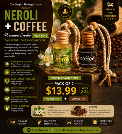 Neroli and Coffee car hanging freshener duo in two 8 ml glass bottles with wooden diffuser caps
