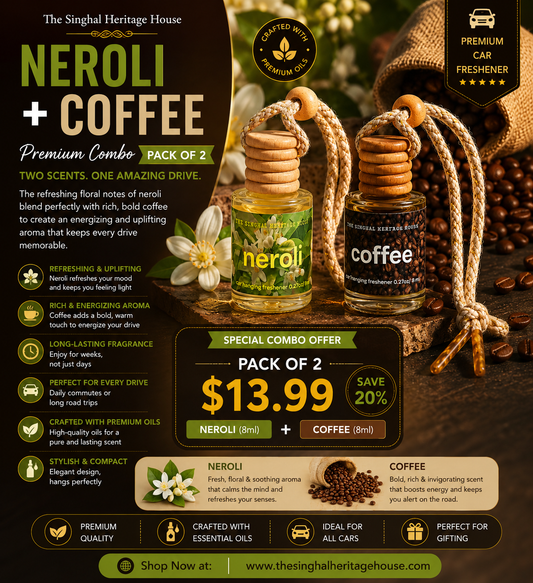 Neroli and Coffee car hanging freshener duo in two 8 ml glass bottles with wooden diffuser caps